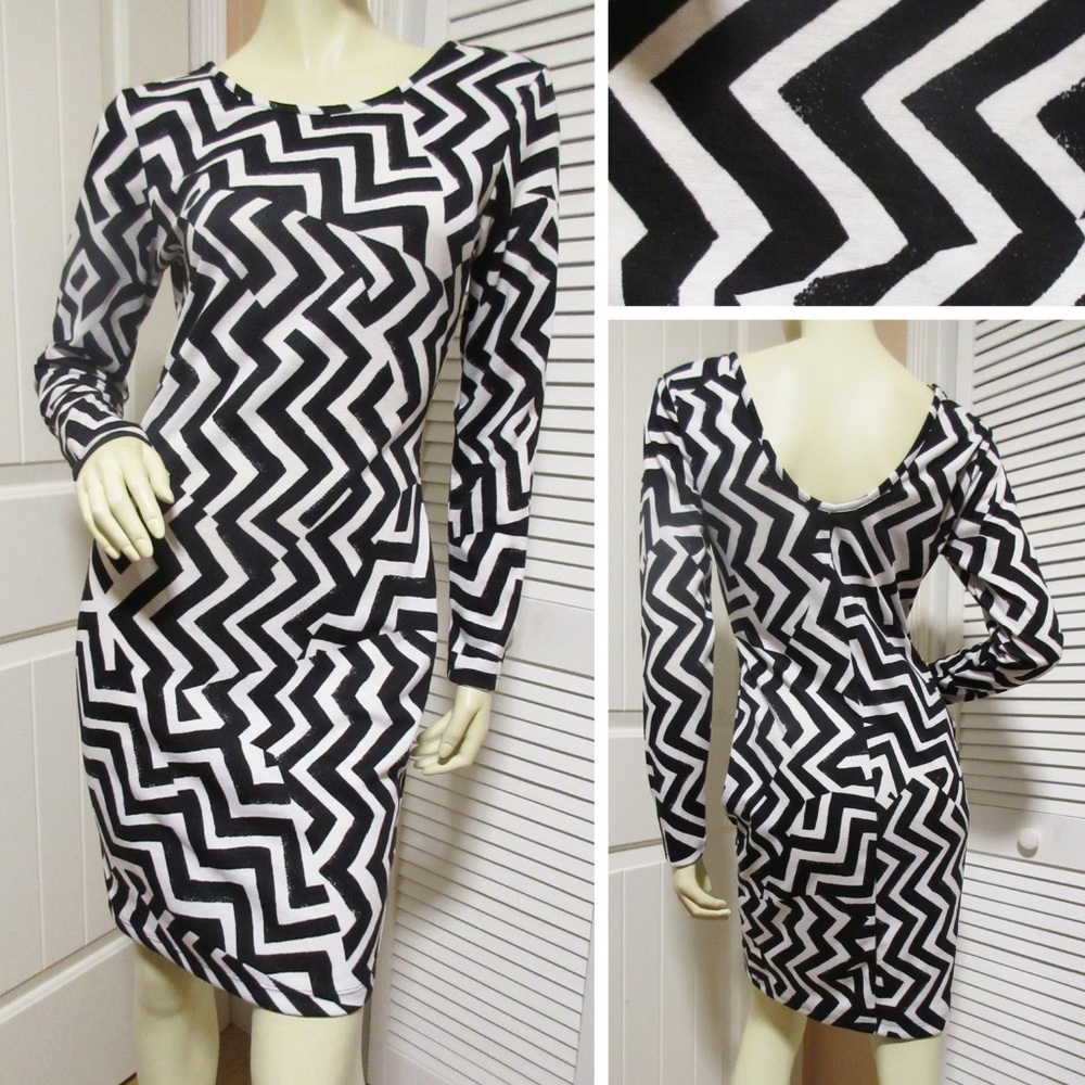 H&M Black & White Geometric Bodycon Dress Long Sleeve Zigzag Print Night Out Mod